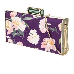 Never Worn Carolina Herrera Purple Floral Satin Clutch with Gold Trim